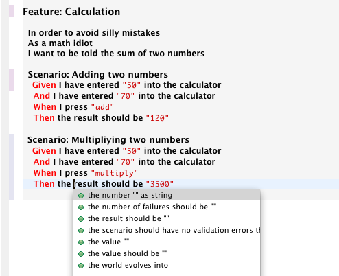 Code completion for steps.